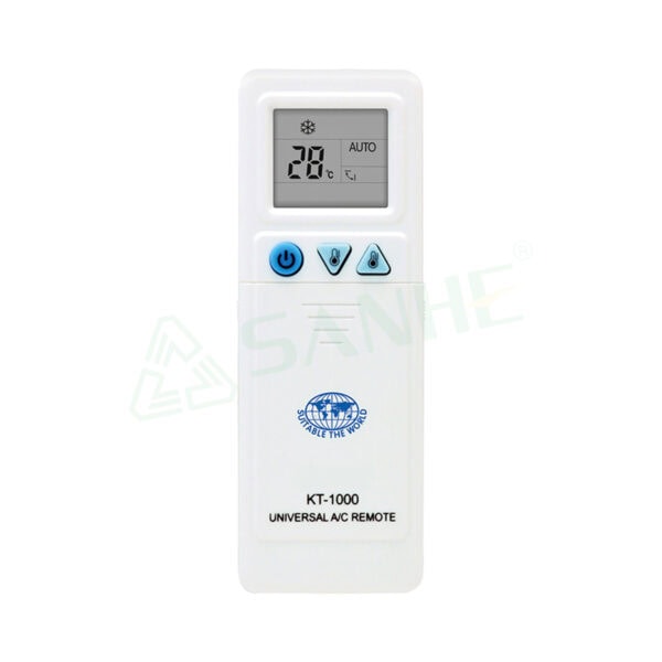 Image of a white universal remote control for air conditioners with digital display and control buttons.