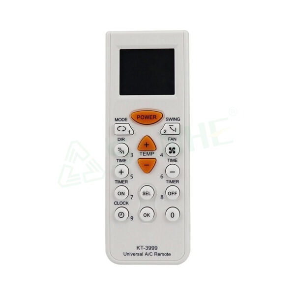 Remote control for air conditioner with display and multiple buttons, including power, mode, temperature, and fan controls.