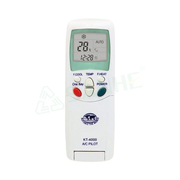 Universal remote control for air conditioners with LCD display, temperature control, and mode buttons, model KT-4000.