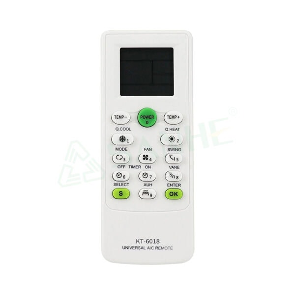 Image of KT-6018 universal air conditioner remote control with buttons for temperature, mode, fan, and power functions.
