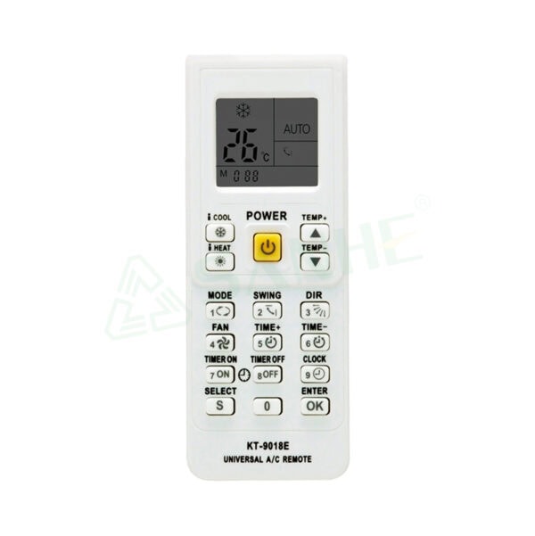 Remote control for air conditioner with digital display, power button, temperature controls, and mode settings.