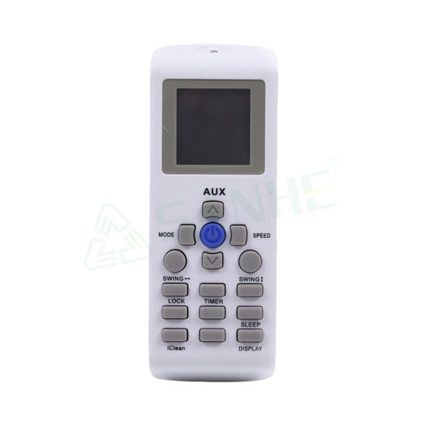 Image of a universal remote control for air conditioners with LCD display and multiple function buttons.