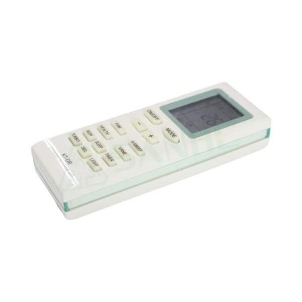Wireless remote control for air conditioning units with LCD display and multiple function buttons.