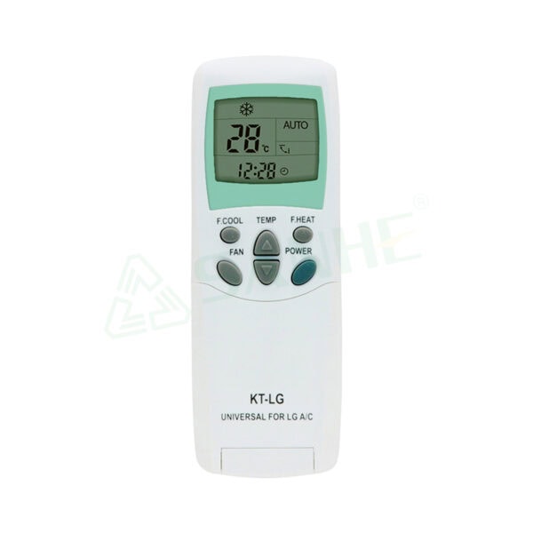 Remote control for LG air conditioner with digital display and multiple function buttons, including temperature, fan, and mode settings.