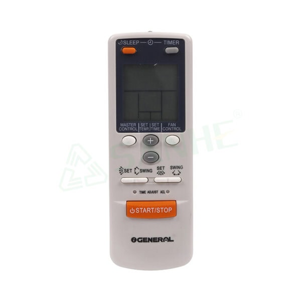 Universal remote control for air conditioners with LCD display, multiple function buttons, and power control.