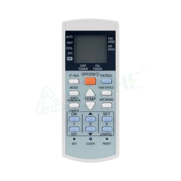 Universal remote control for air conditioners with LCD display, multiple buttons for modes, temperature, fan speed, and timer functions.