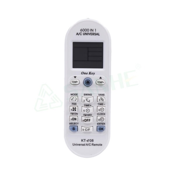 Universal air-conditioner remote control with LCD display and multiple buttons for temperature, mode, fan, and timer settings.