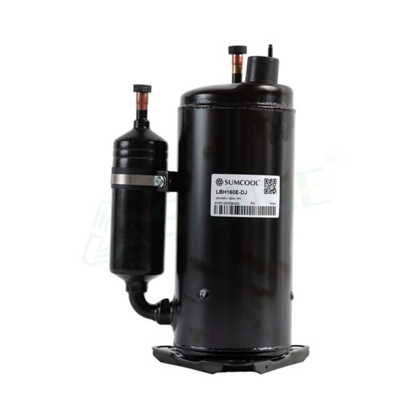 Sumcool LBH160E-DJ refrigeration compressor for HVAC systems, black cylindrical design with label, used in commercial cooling applications.