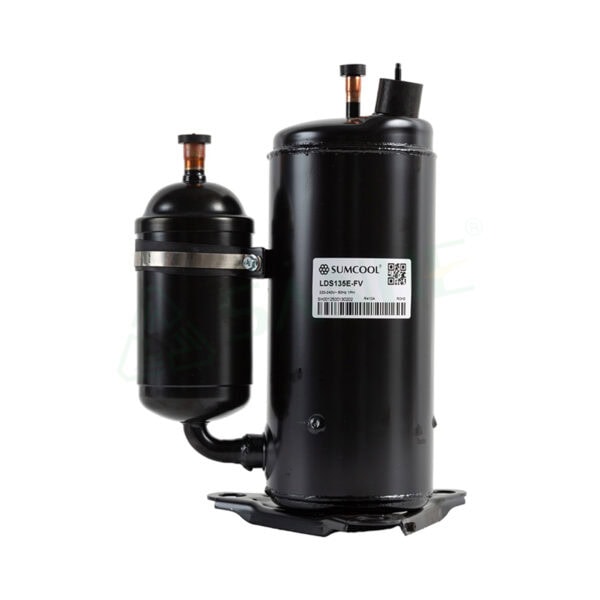 HVAC compressor LDS135E-FV for refrigeration systems, black cylindrical unit with label, used in HVAC applications.