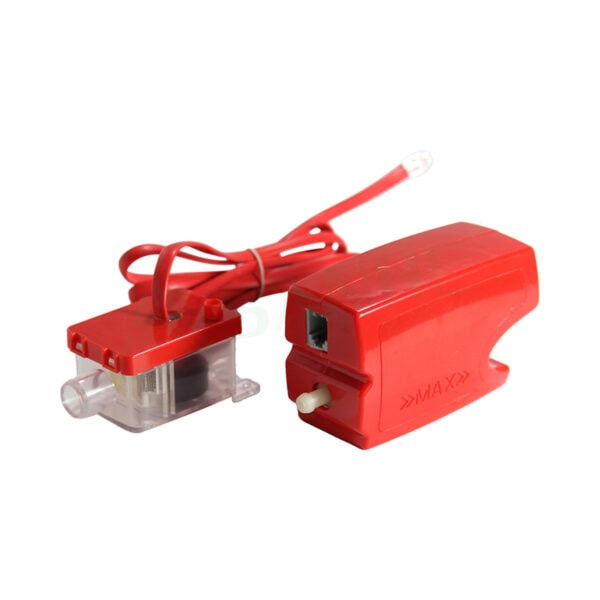 Red condenser pump MPC-40 with wiring and tubing for HVAC cooling systems, used for circulating refrigerant in air conditioning units.