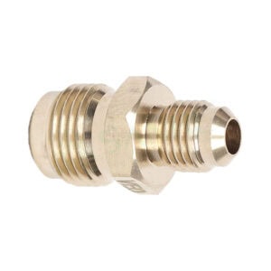 Close-up of a brass fitting used in HVAC systems, featuring threaded ends for secure pipe connections.
