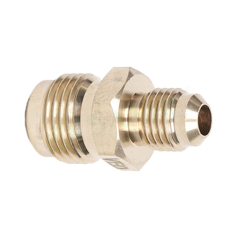 Close-up of a brass fitting used in HVAC systems, featuring threaded ends for secure pipe connections.