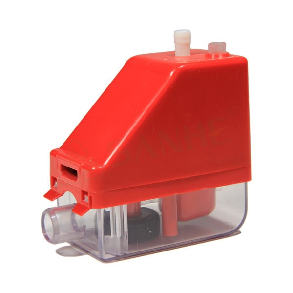 Red condenser pump with transparent water reservoir and inlet/outlet ports, designed for HVAC systems, compact and efficient.