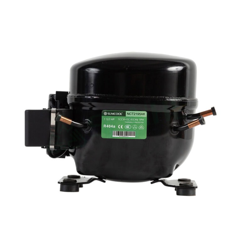 High-quality HVAC compressor with R404a refrigerant label, designed for efficient cooling and heating applications in commercial HVAC systems.