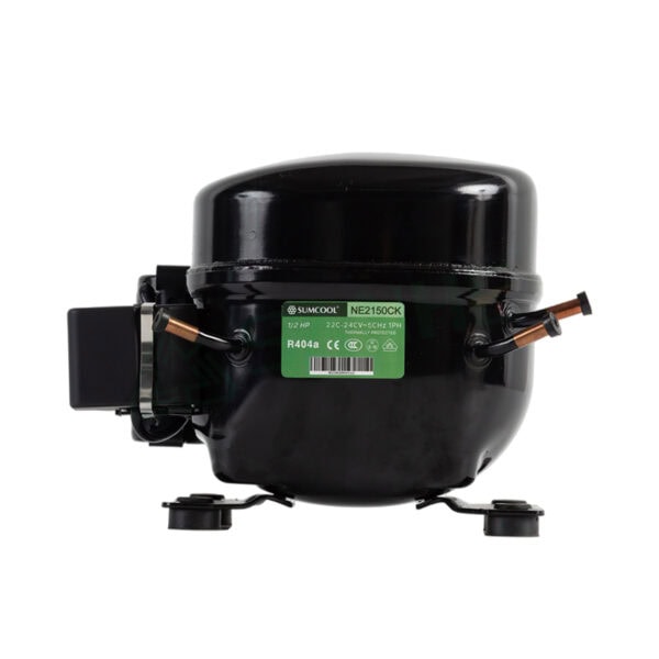 HVAC compressor model NE2150CK by Sumcool, featuring black casing and copper fittings, used in refrigeration and air conditioning systems.