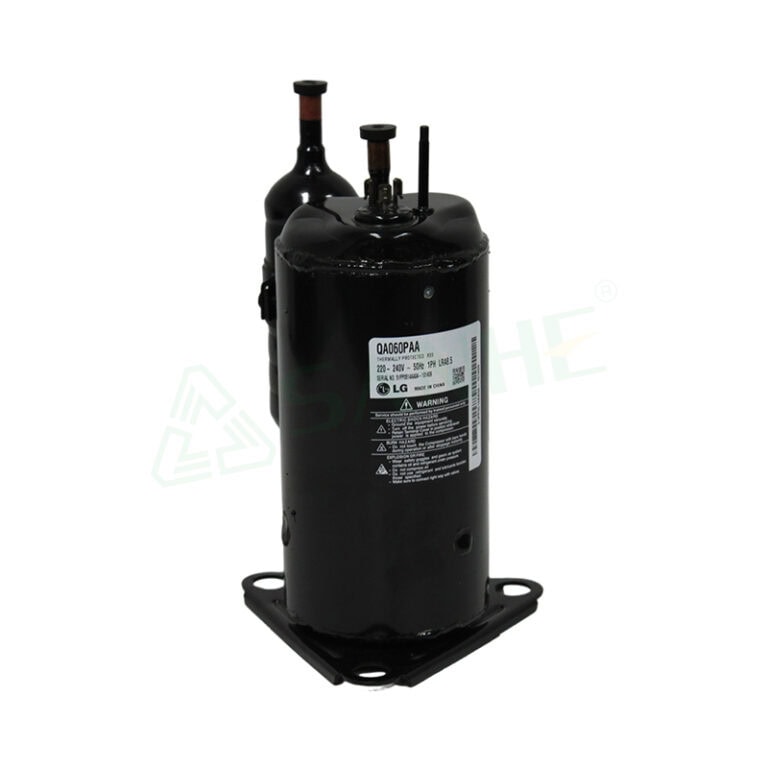 LG rotary compressor QA060PAA for HVAC systems, black cylindrical unit with connection ports and label, used in refrigeration and air conditioning.