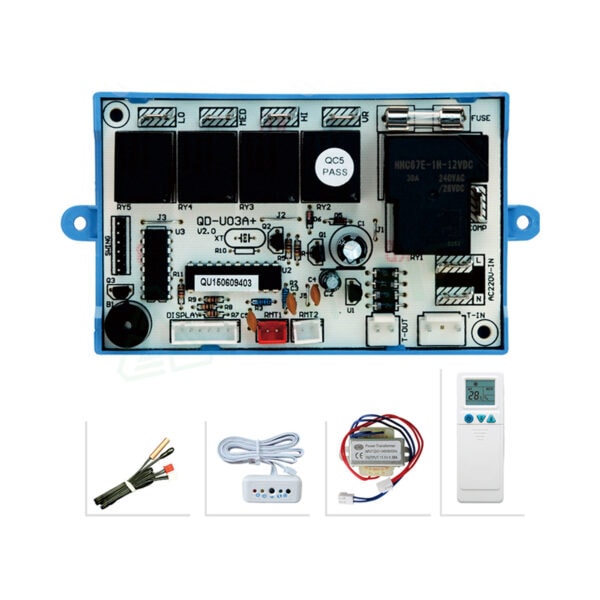 HVAC remote control board QD-U03A+ with accessories including wiring, power supply, and remote control for efficient climate management.
