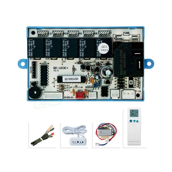 Image of the QD-U03C+ remote control board with various HVAC system components and accessories.