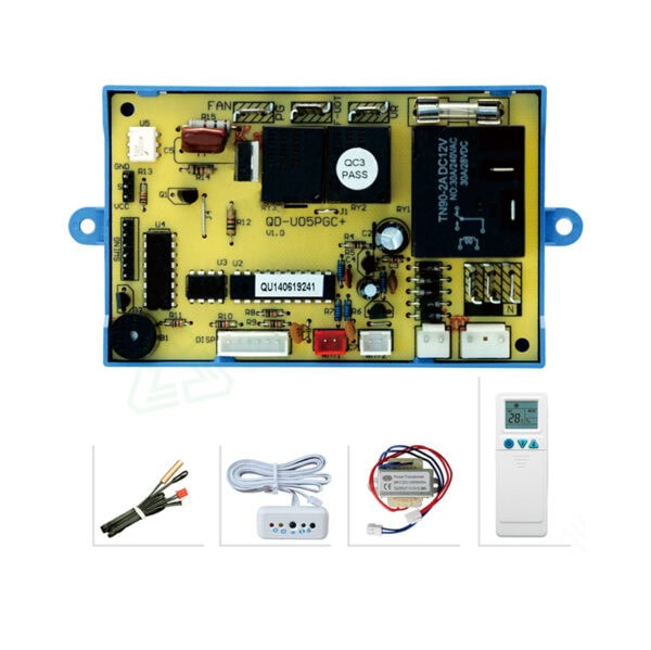 HVAC remote control board QD-U05PGC+ with accessories including wiring, sensor, and remote control for efficient climate management.
