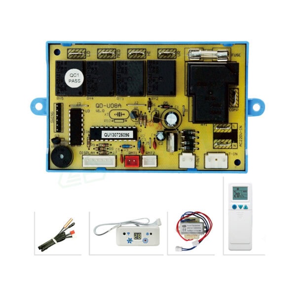 Close-up of the QD-U08C remote control board with various electronic components and connectors for HVAC control systems.