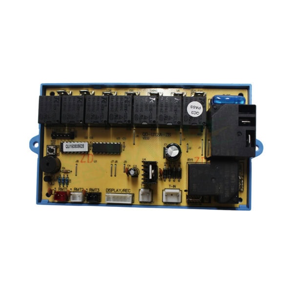 Close-up of the QD-U12A remote control board showing relays, connectors, and electronic components for HVAC systems.