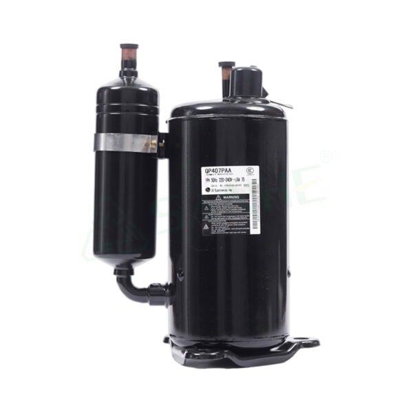 LG QP407PAA rotary compressor for HVAC systems, black cylindrical design with label and connection ports.