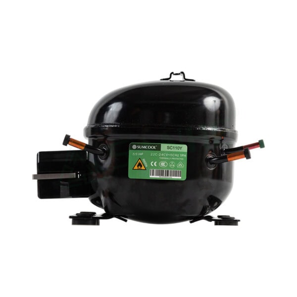High-quality SUMCOOL R600a refrigerator compressor SC110Y with black casing and connection ports for efficient cooling systems.