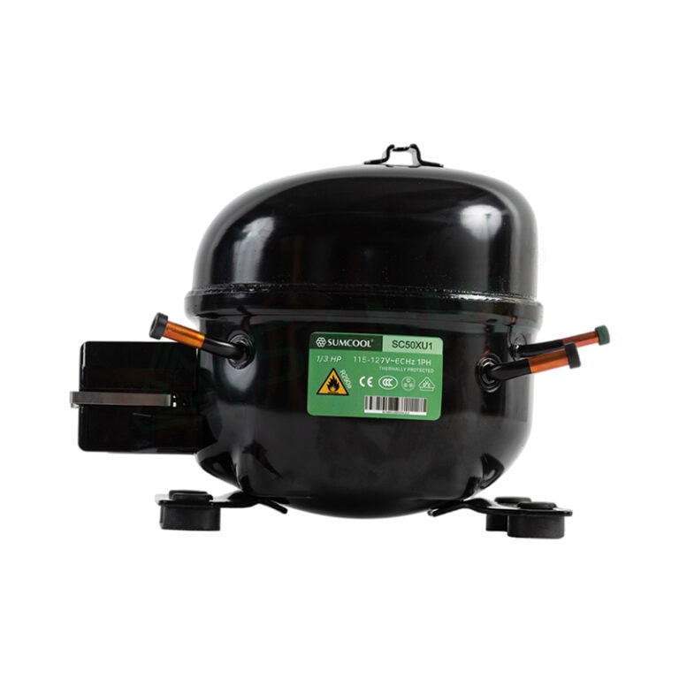 High-quality SUMCOOL refrigerator compressor SC50XU1 with R290a refrigerant, compact design, and efficient cooling performance.