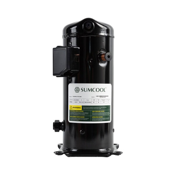 Sumcool HVAC compressor in black finish, used in air conditioning and refrigeration systems for efficient cooling performance.