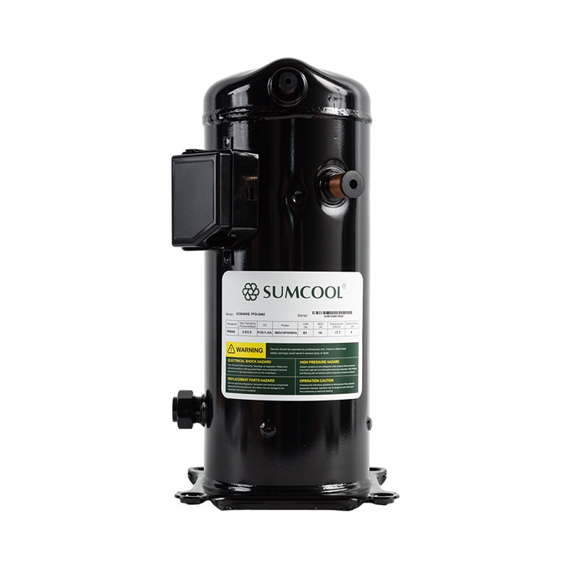 Sumcool HVAC compressor in black finish, used in air conditioning and refrigeration systems for efficient cooling performance.