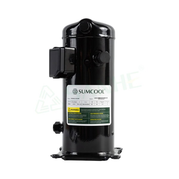 HVAC compressor by Sumcool in black finish, used for air conditioning and refrigeration systems, with visible labels and connection ports.
