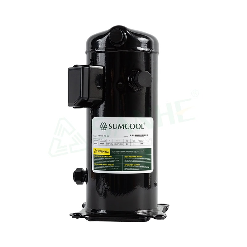 HVAC compressor by Sumcool in black finish, used for air conditioning and refrigeration systems, with visible labels and connection ports.
