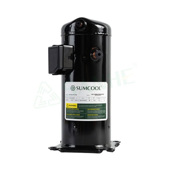 Sumcool HVAC compressor for refrigeration systems, black cylindrical unit with electrical connections and warning labels, used in HVAC and cooling applications.