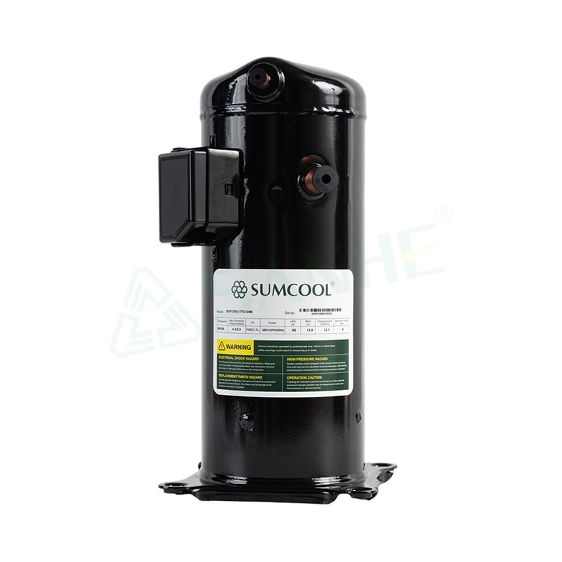 Sumcool HVAC compressor for refrigeration systems, black cylindrical unit with electrical connections and warning labels, used in HVAC and cooling applications.