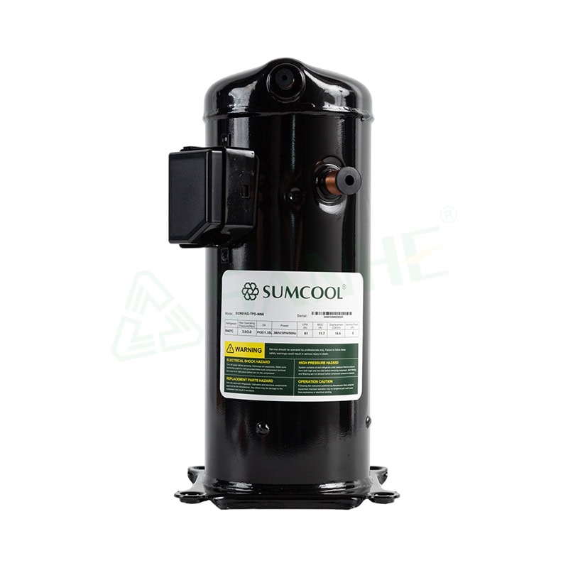Sumcool HVAC compressor in black with warning label, used in commercial and residential cooling systems for efficient temperature regulation.