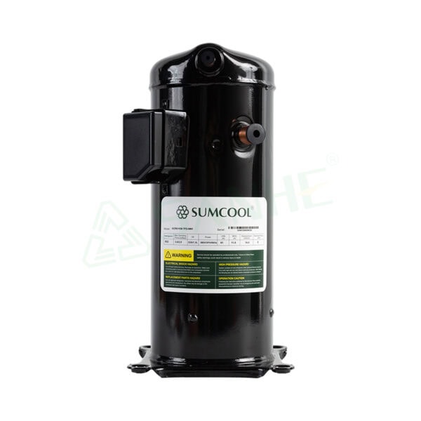 Sumcool HVAC compressor for refrigeration and air conditioning systems, black cylindrical unit with warning label, used in commercial HVAC applications.