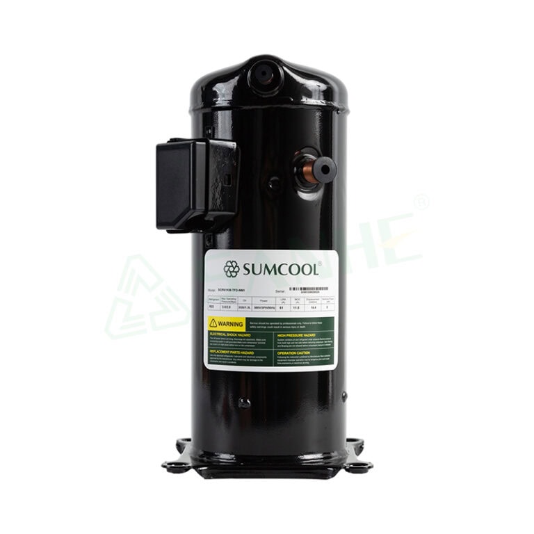 Sumcool HVAC compressor for refrigeration and air conditioning systems, black cylindrical unit with warning label, used in commercial HVAC applications.