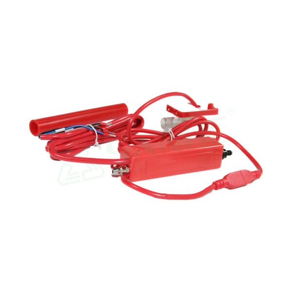 Red condenser pump with wiring and tubing, designed for HVAC system maintenance and operation, compact slim box model.