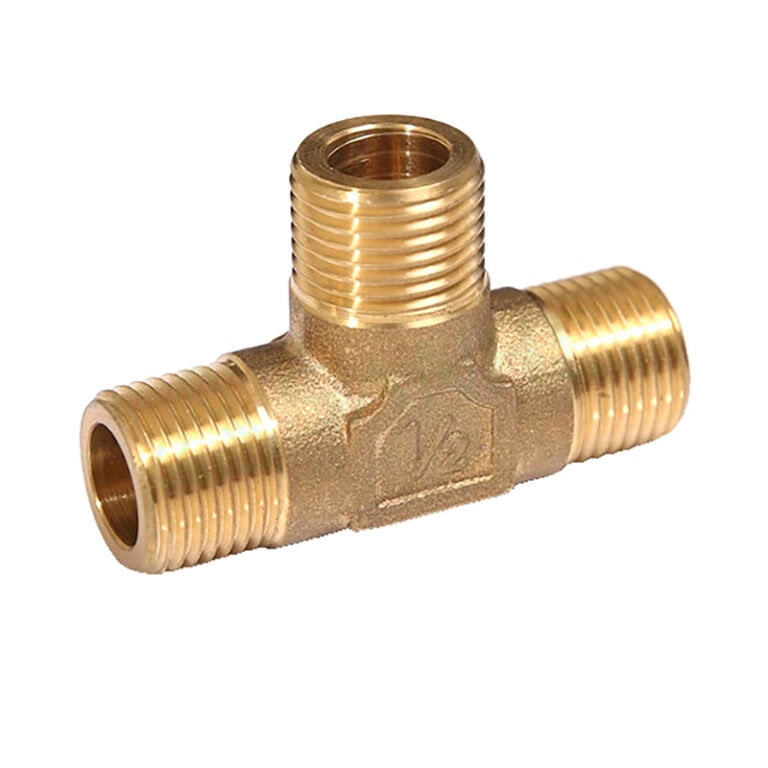 Brass T-shaped pipe fitting with threaded ends for plumbing connections, suitable for HVAC and water systems.