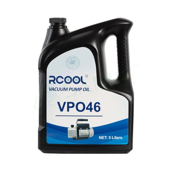 Black plastic container of RCOOL vacuum pump oil VPO46 with handle and label indicating 5 liters capacity.