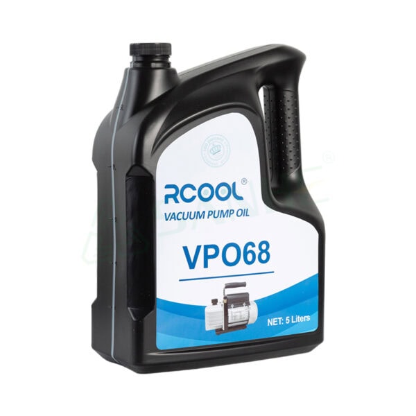 Black plastic container of RCOOL vacuum pump oil VPO68 with handle and label indicating 5 liters capacity.