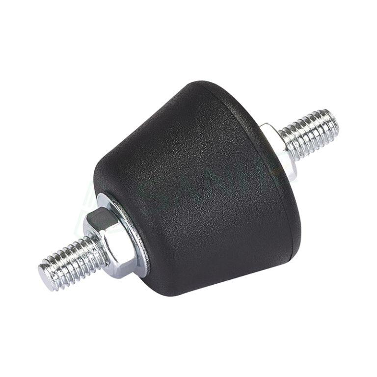 Close-up of an anti-vibration mount with threaded metal ends and a black rubber body, used to reduce vibration in HVAC systems.