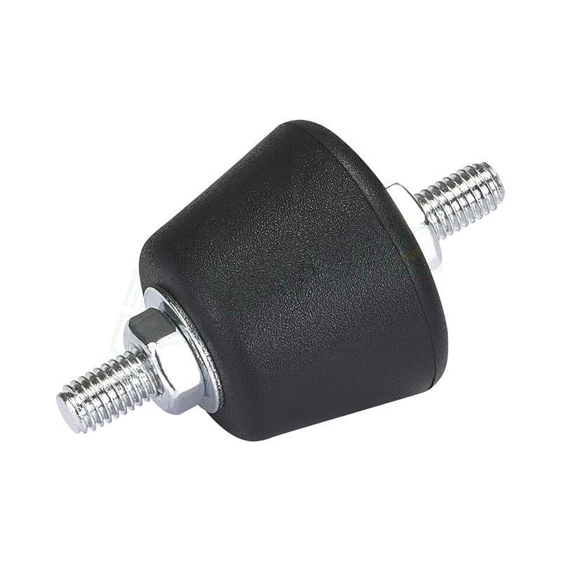 Close-up of an anti-vibration mount with threaded metal ends and a black rubber body, used to reduce vibration in HVAC systems.