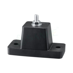 Black anti-vibration mount with metal threaded stud for HVAC systems, reducing noise and vibration.