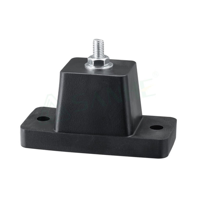 Black anti-vibration mount with metal threaded stud for HVAC systems, reducing noise and vibration.