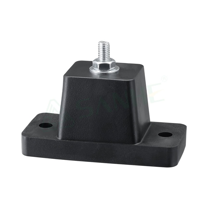 Black anti-vibration mount with metal threaded stud for HVAC systems, reducing noise and vibration.