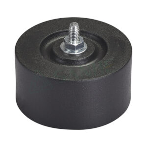 Black anti-vibration mount with metal threaded bolt for HVAC systems, reducing noise and vibration.
