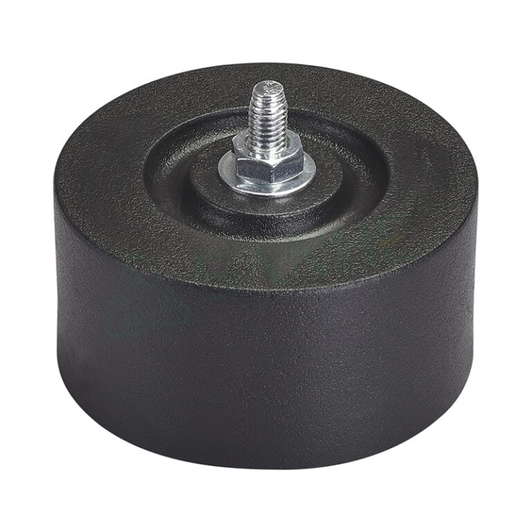 Black anti-vibration mount with metal threaded bolt for HVAC systems, reducing noise and vibration.