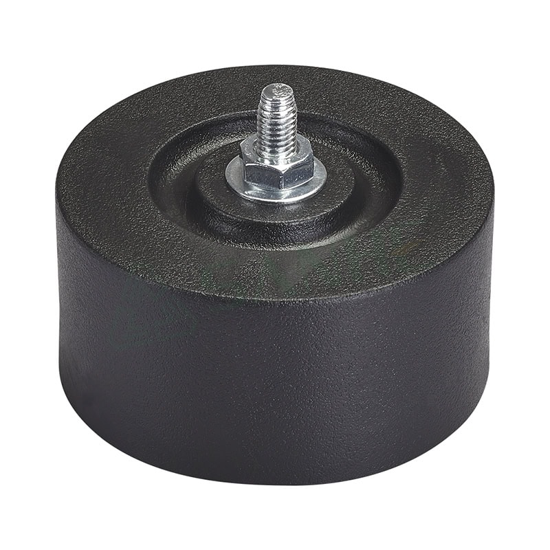 Black anti-vibration mount with metal threaded bolt for HVAC systems, reducing noise and vibration.