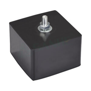 Black anti-vibration mount with metal threaded bolt for HVAC machinery support and noise reduction.